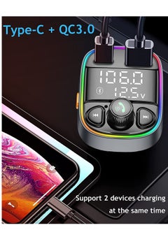 Generic Wireless Bluetooth Car Adapter,FM Transmitter AUX Radio Receiver,Handsfree Call,QC3.0 & Type-C USB Car Charger Ports, 7 Color Backlit with 2 LED Display, TF Card & USB Music Player  - Image 5
