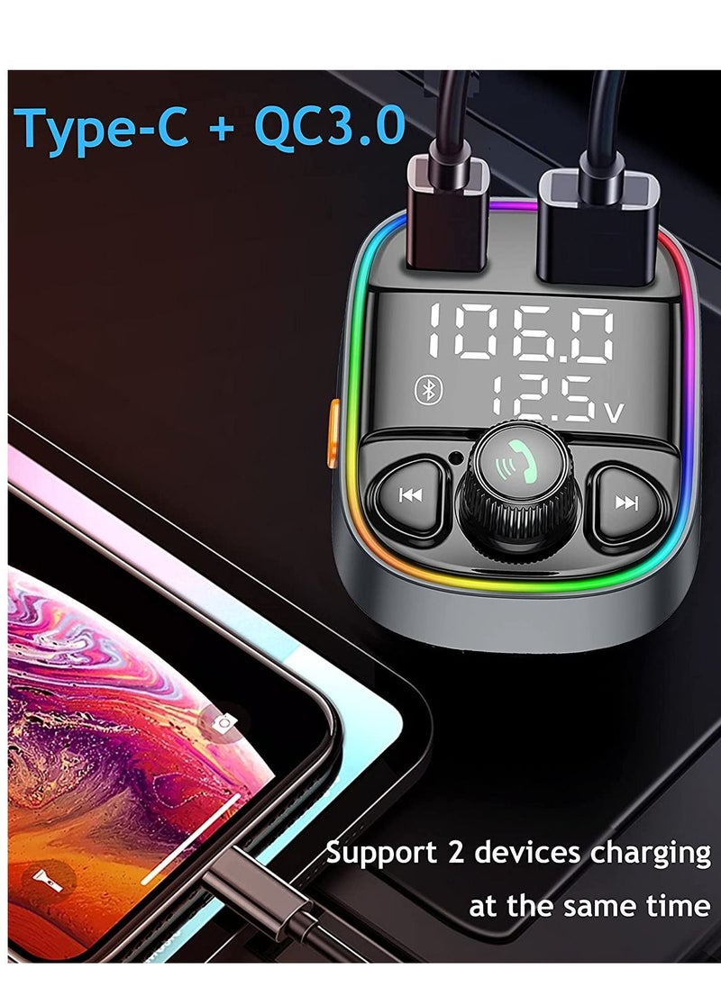 Generic - Wireless Bluetooth Car Adapter,FM Transmitter AUX Radio Receiver,Handsfree Call,QC3.0 & Type-C USB Car Charger Ports, 7 Color Backlit with 2 LED Display, TF Card & USB Music Player - Image 1