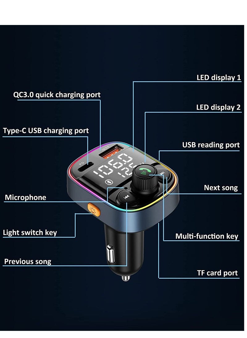Generic - Wireless Bluetooth Car Adapter,FM Transmitter AUX Radio Receiver,Handsfree Call,QC3.0 & Type-C USB Car Charger Ports, 7 Color Backlit with 2 LED Display, TF Card & USB Music Player - Image 1