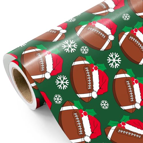 WRAPAHOLIC Football Christmas Wrapping Paper Mini Roll 17 Inch x 165 Feet Snowflakes and Santa Hat Football Wrapping Paper for Christmas Sport Party Holiday Party Celebration - Image 1
