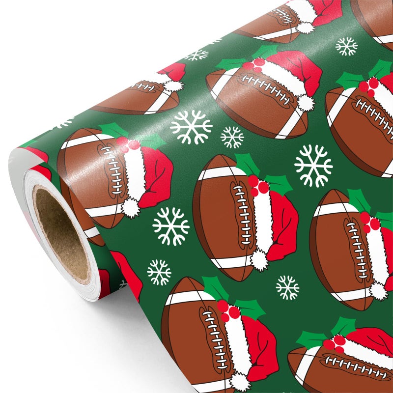 WRAPAHOLIC Football Christmas Wrapping Paper Mini Roll 17 Inch x 165 Feet Snowflakes and Santa Hat Football Wrapping Paper for Christmas Sport Party Holiday Party Celebration - Image 2