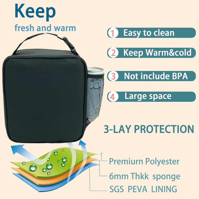 Kulle Kids Lunch Box,Insulated Lunch Box for Boys and Girls,Freezable Lunchbox, Lunch Bag kids Reusable Lunch Boxes for School,Work,Outdoor(Black) - Image 2