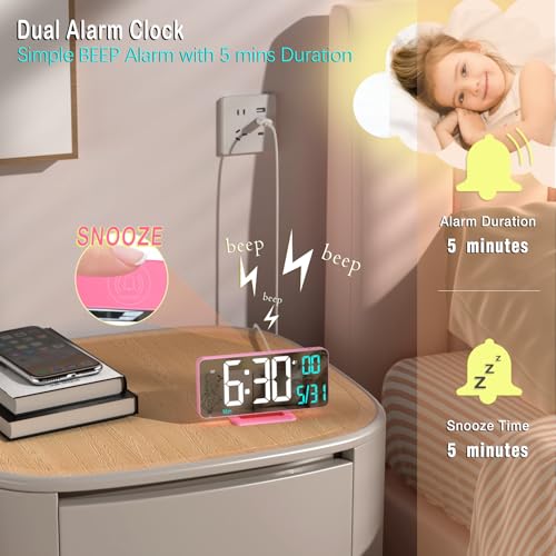 KOSUMOSU Pink Digital Clock for Bedroom 6.7in Dual Alarm Clock with Dimming, 12/24h, Seconds, Date, Day of Week, Temp, Desk Clock, LED Clock for Table Decor, Digital Calendar Table Clocks for Bedrooms KOSUMOSU - Image 5