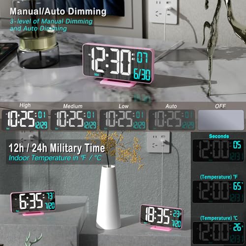 KOSUMOSU Pink Digital Clock for Bedroom 6.7in Dual Alarm Clock with Dimming, 12/24h, Seconds, Date, Day of Week, Temp, Desk Clock, LED Clock for Table Decor, Digital Calendar Table Clocks for Bedrooms KOSUMOSU - Image 3