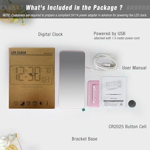 KOSUMOSU Pink Digital Clock for Bedroom 6.7in Dual Alarm Clock with Dimming, 12/24h, Seconds, Date, Day of Week, Temp, Desk Clock, LED Clock for Table Decor, Digital Calendar Table Clocks for Bedrooms KOSUMOSU - Image 4