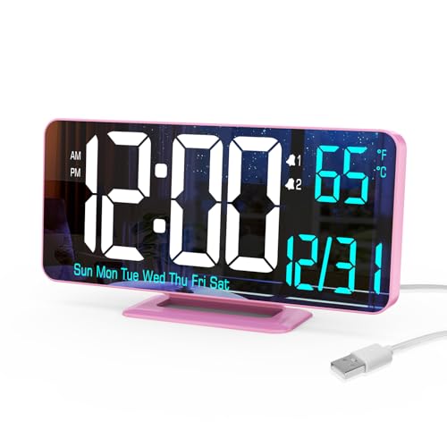 KOSUMOSU Pink Digital Clock for Bedroom 6.7in Dual Alarm Clock with Dimming, 12/24h, Seconds, Date, Day of Week, Temp, Desk Clock, LED Clock for Table Decor, Digital Calendar Table Clocks for Bedrooms KOSUMOSU - Image 1