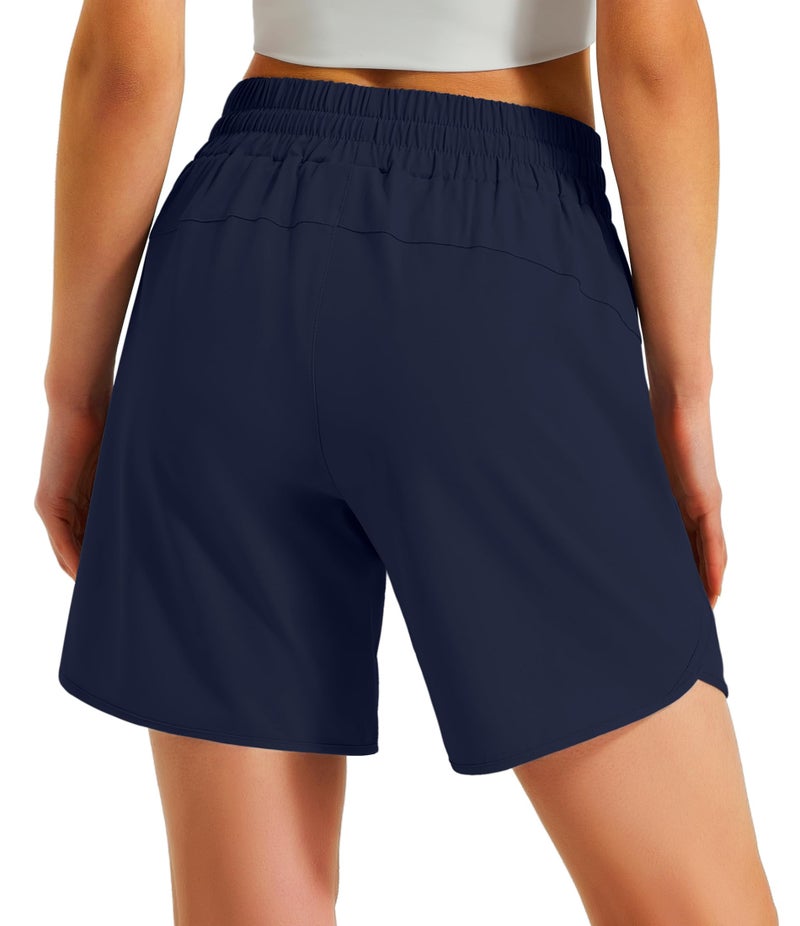 Ksmien Women's 5"/ 7" Athletic Running Shorts Quick Dry Lightweight Workout Gym Shorts with Zipper Pockets UPF 50+ Navy Blue L - Image 2