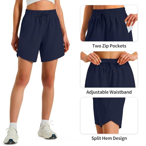 Ksmien Women's 5"/ 7" Athletic Running Shorts Quick Dry Lightweight Workout Gym Shorts with Zipper Pockets UPF 50+ Navy Blue L - Image 5