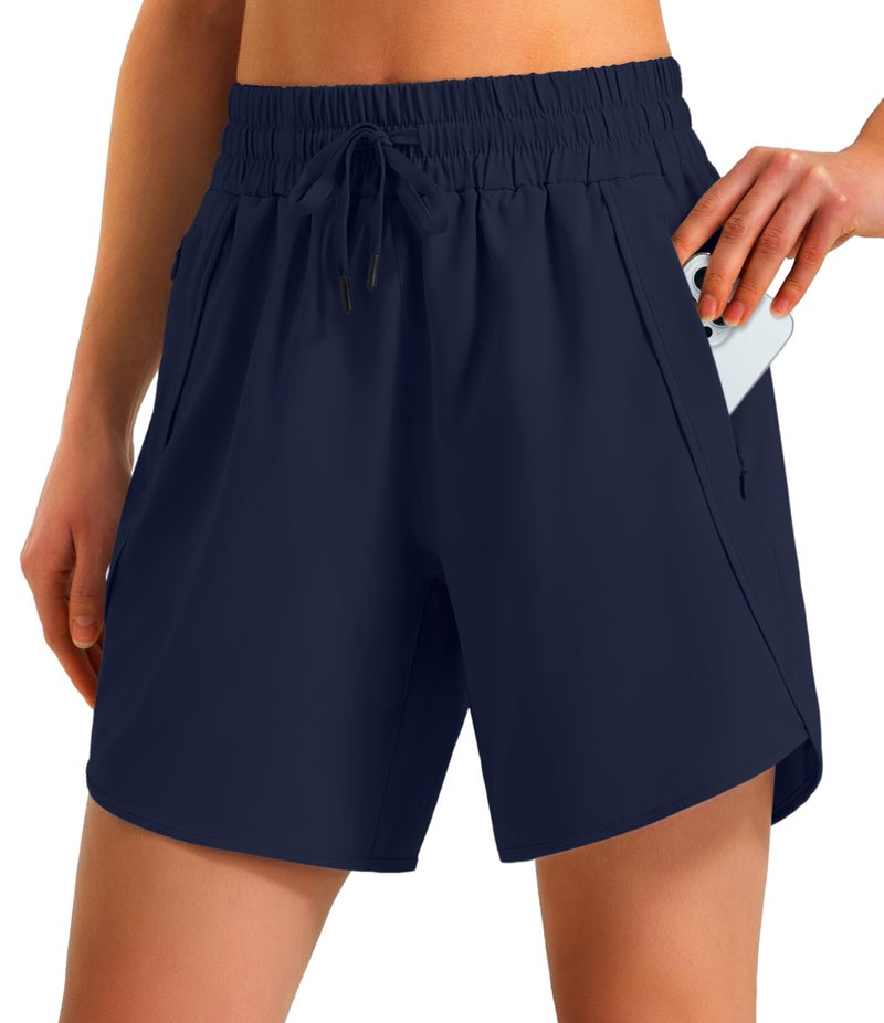 Ksmien Women's 5"/ 7" Athletic Running Shorts Quick Dry Lightweight Workout Gym Shorts with Zipper Pockets UPF 50+ Navy Blue L - Image 1