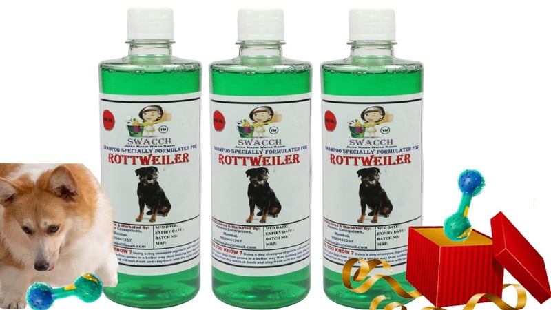 swacch Rottweiler Dog Shampoo + Dumbbell Toy I Durable Rubber Dog Toy for Chewing I Playing,Teeth Cleaning & Training Toy I Combo Pack I 500ml Pack of 3 Neem Alovera - Image 1