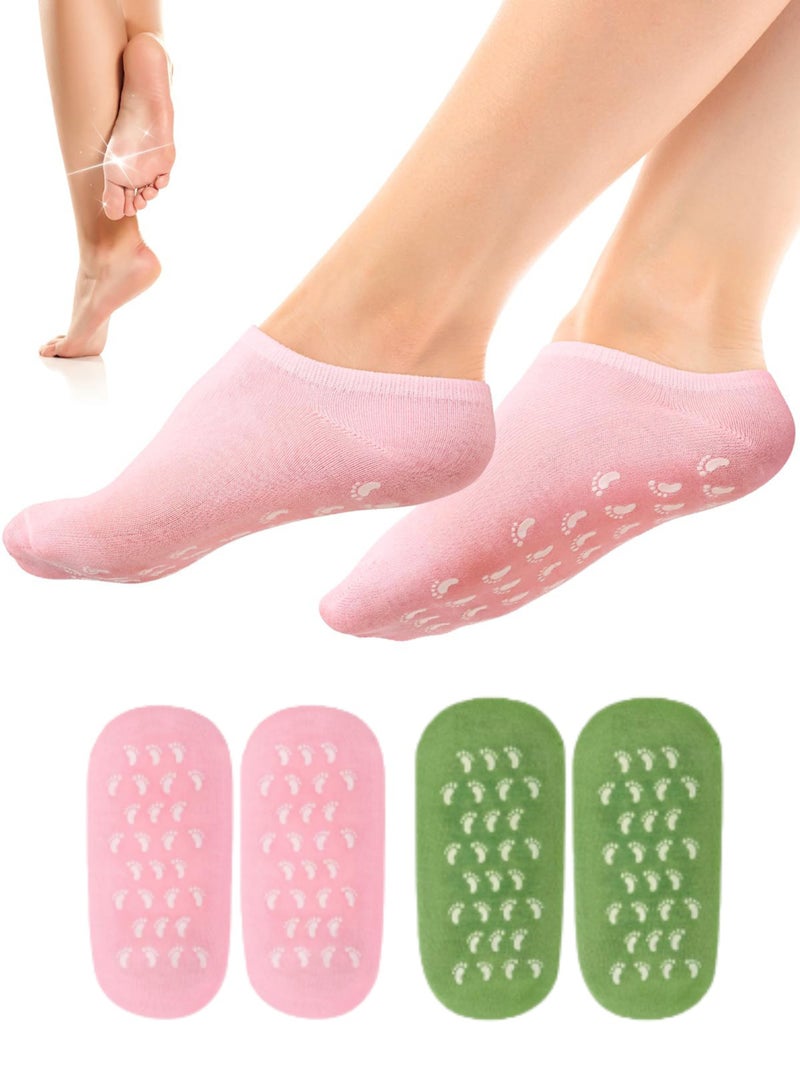 اعاره زوجان من الجوارب المرطبة، جوارب جل مانعة للانزلاق، جوارب سبا مرطبة للنساء، جوارب نوم ناعمة من الجل لإصلاح وتنعيم بشرة القدمين الجافة والمتشققة (وردي، أخضر) - Image 1