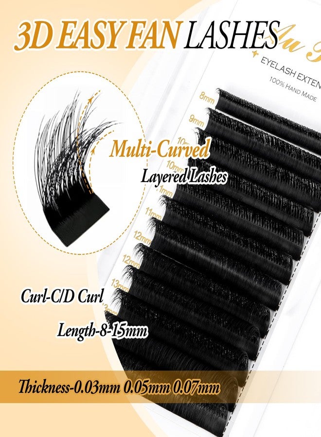 AuReve Easy Fan Lashes Eyelash Extensions C/D Curl 0.03 0.05 0.07 8-15mm Mixed Tray, Super Matte Black Volume Lashes Self Fanning, Professional Supplies for Lash Artists (0.07 C 8-15mm) - Image 2