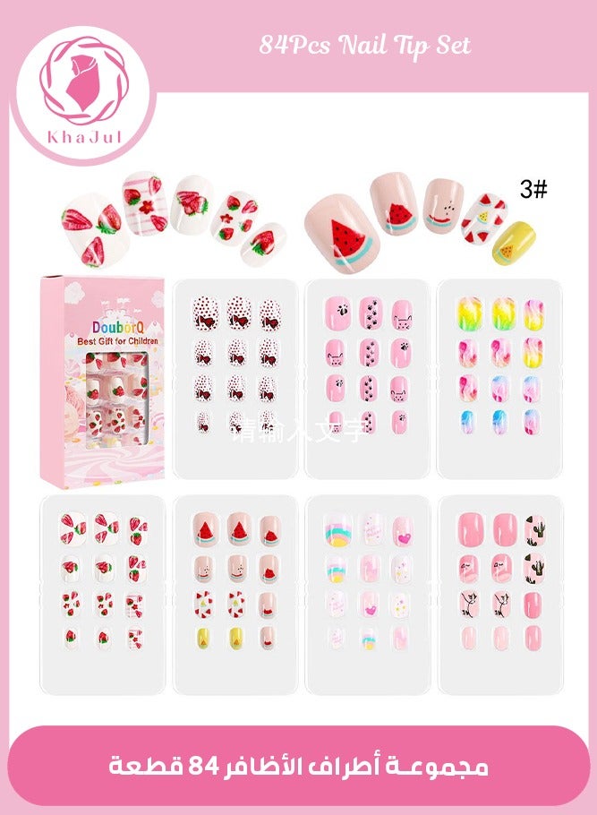 KHAJUL 84 Pieces Press on Nails, Nail Tips Pre Glue Full Cover, Short Acrylic Nails for Girls Kids Nail Art Decoration (Multicolour) - Image 1