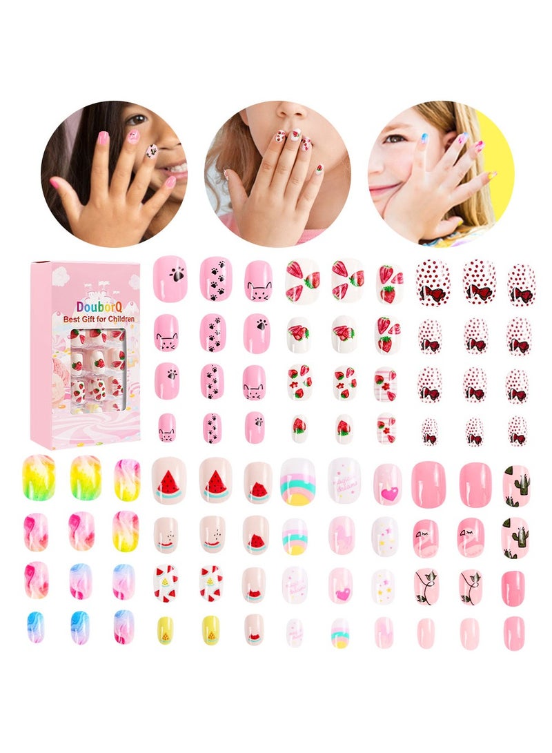 KHAJUL 84 Pieces Press on Nails, Nail Tips Pre Glue Full Cover, Short Acrylic Nails for Girls Kids Nail Art Decoration (Multicolour) - Image 4