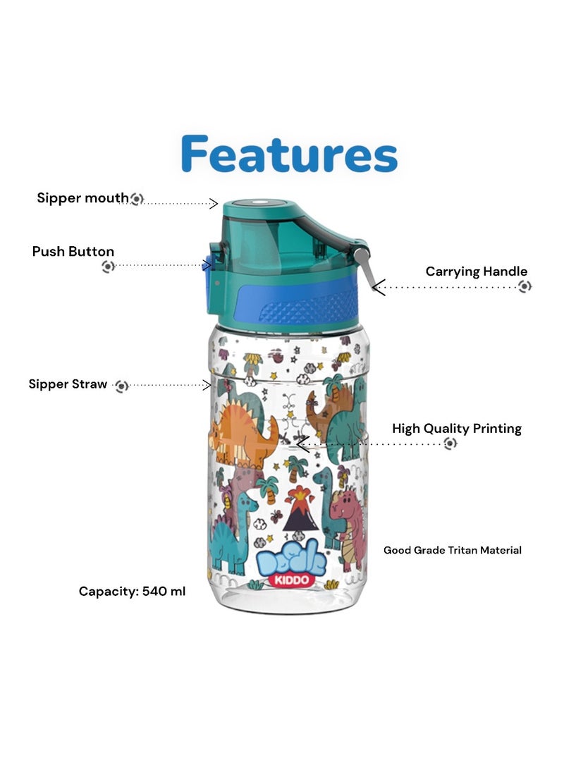 Doodle Kiddo Dinosaur Water Bottle for Boys, 540 ML - BPA Free, Leakproof, Push Button, Sipper Spout, Carry Handle - Image 2