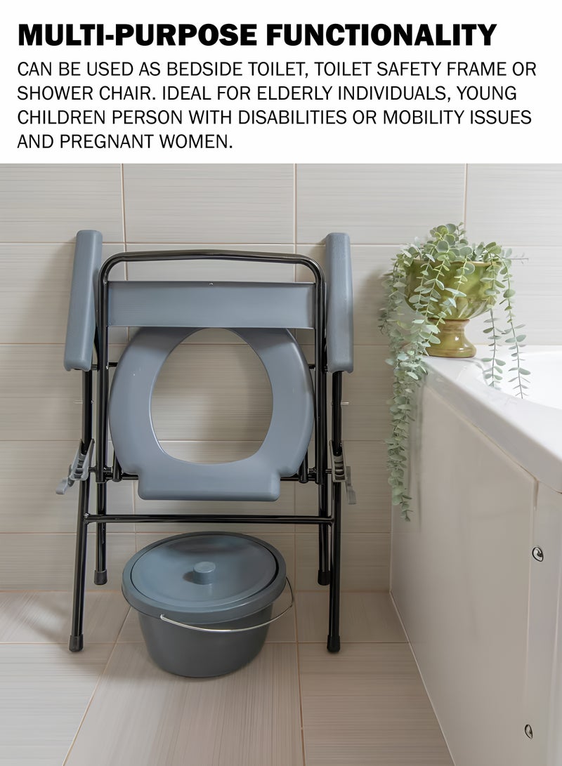 Toshonics Folding Commode Chair Toilet Seat for Adults and Elderly Portable Bedside Toilet Chair with Bucket Splash Guard, Non-Slip Legs, Comfortable Backrest and Armrests - Medical Commode Stool for Pregnant, Seniors, Handicap and Disabled – Lightweight, Tool-Free Assembly, Multipurpose Toilet Bathroom and Shower Seat - Image 2