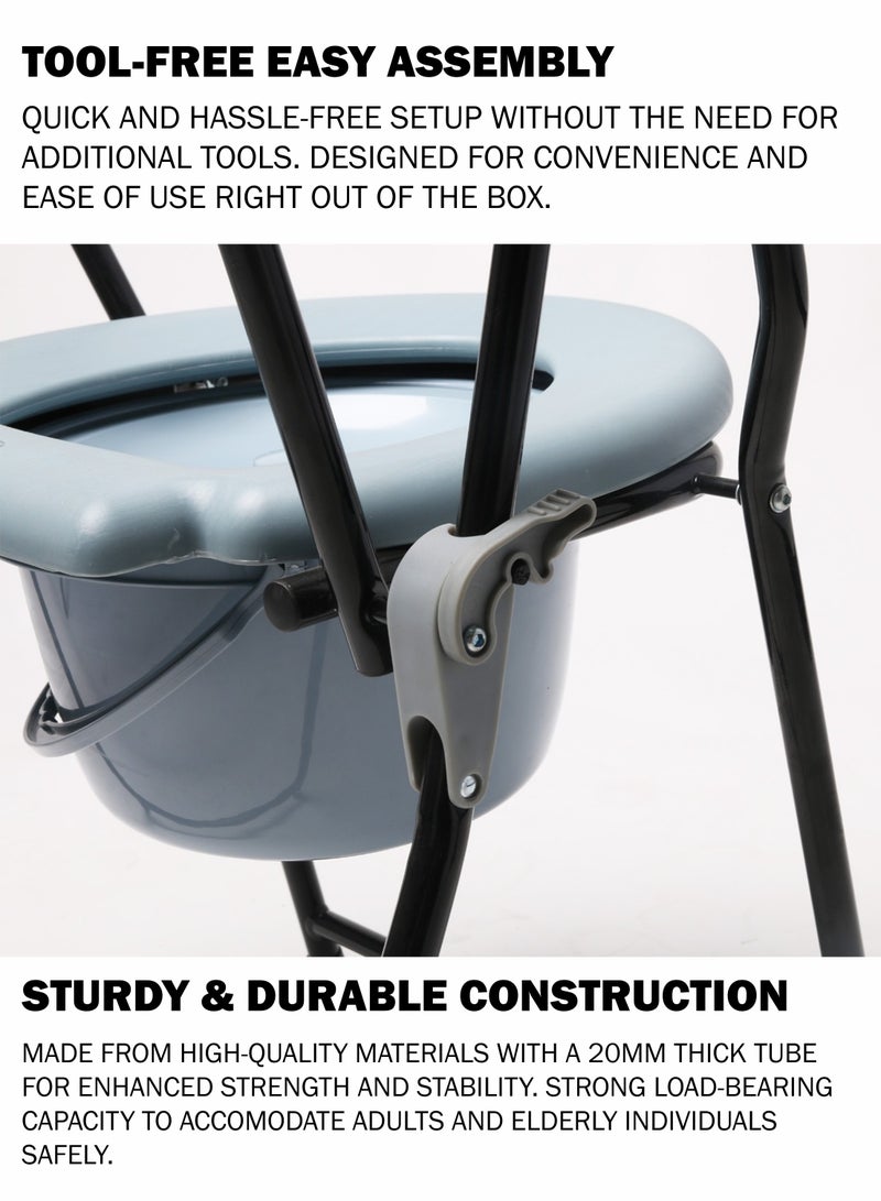 Toshonics Folding Commode Chair Toilet Seat for Adults and Elderly Portable Bedside Toilet Chair with Bucket Splash Guard, Non-Slip Legs, Comfortable Backrest and Armrests - Medical Commode Stool for Pregnant, Seniors, Handicap and Disabled – Lightweight, Tool-Free Assembly, Multipurpose Toilet Bathroom and Shower Seat - Image 5