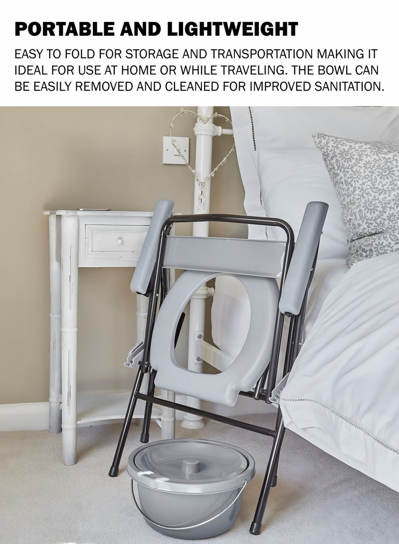 Toshonics Folding Commode Chair Toilet Seat for Adults and Elderly Portable Bedside Toilet Chair with Bucket Splash Guard, Non-Slip Legs, Comfortable Backrest and Armrests - Medical Commode Stool for Pregnant, Seniors, Handicap and Disabled – Lightweight, Tool-Free Assembly, Multipurpose Toilet Bathroom and Shower Seat - Image 3