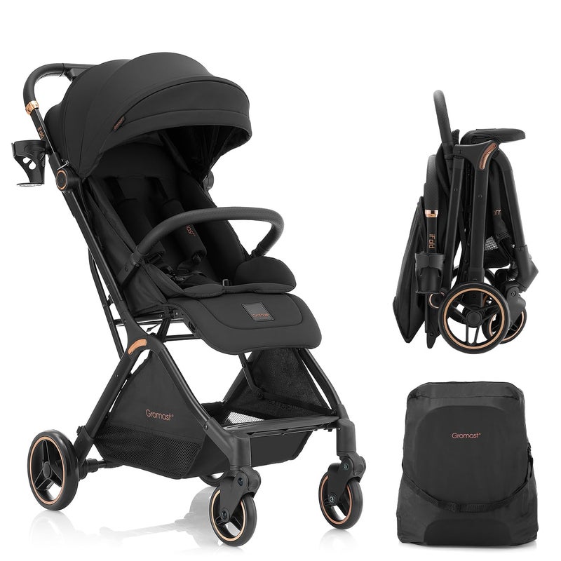 Gromast Gravity Folding Baby Stroller  Portable Travel Toddler Stroller wAdjustable Backrest  Canopy Lightweight and UV Protected OneHand Automatic Folding  Black - Image 1