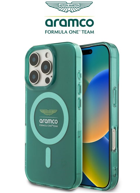 iPhone 16 Pro Max case with strong back protection for the mobile phone. iPhone 16 Pro Max mobile phone case made of strong and luxurious PC/TPU. iPhone 16 Pro cover with a luxurious French design. Original cover iphone 16 Pro Max certified by the global brand Aston Martin (Aramco). Mobile iphone cover supports wireless charging MagSafe. Green