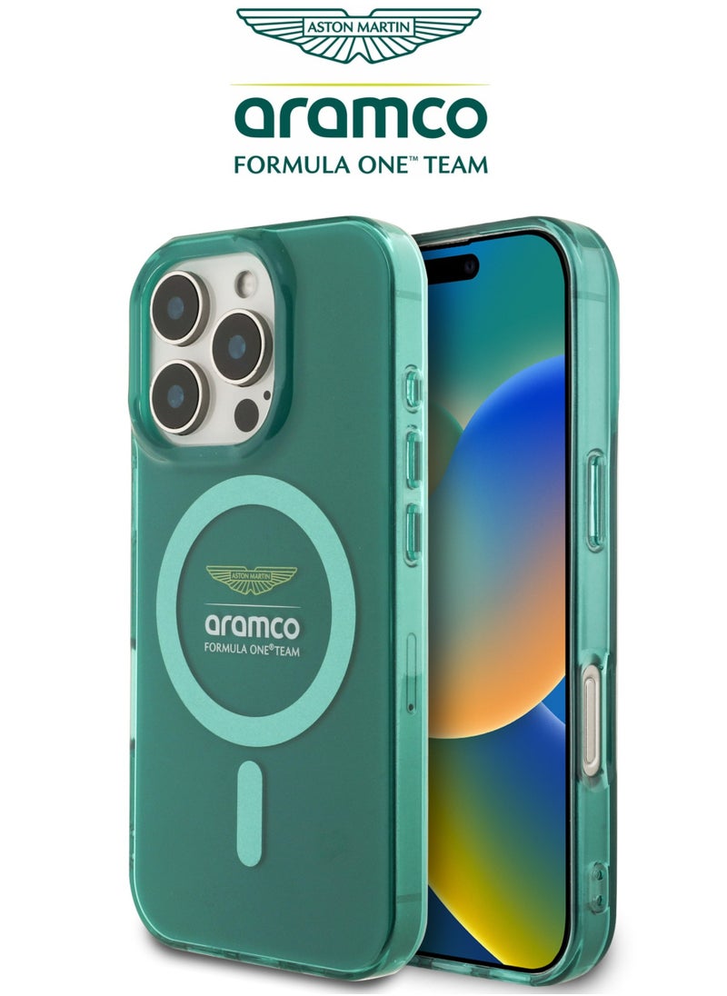 CG MOBILE iPhone 16 Pro Max case with strong back protection for the mobile phone. iPhone 16 Pro Max mobile phone case made of strong and luxurious PC/TPU. iPhone 16 Pro cover with a luxurious French design. Original cover iphone 16 Pro Max certified by the global brand Aston Martin (Aramco). Mobile iphone cover supports wireless charging MagSafe. Green  - Image 1
