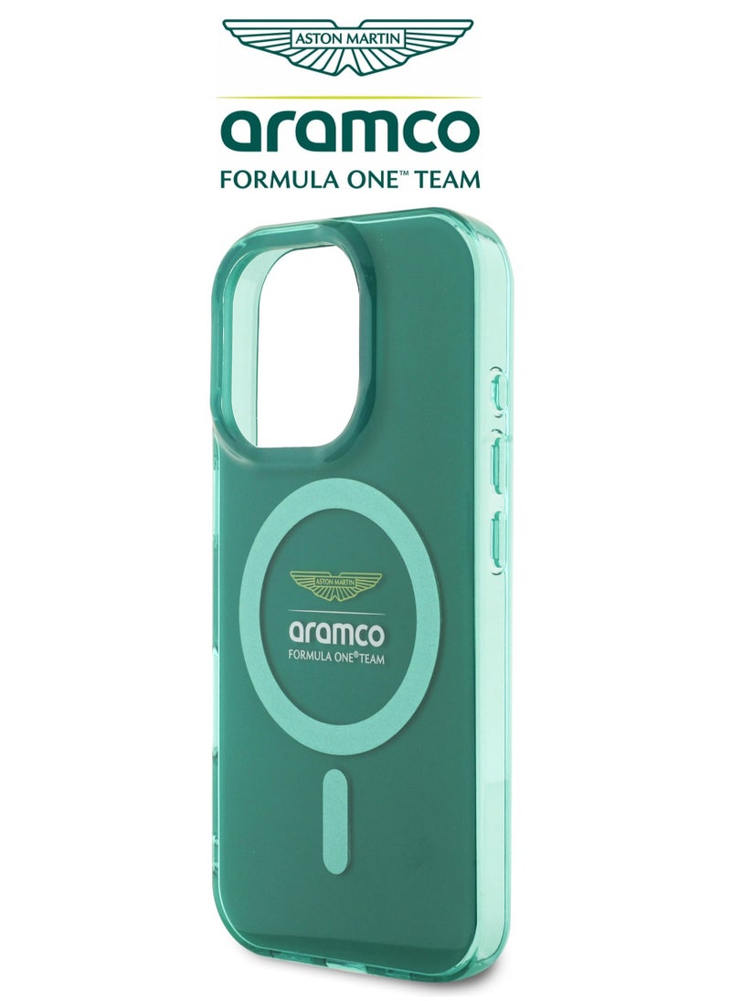 iPhone 16 Pro Max case with strong back protection for the mobile phone. iPhone 16 Pro Max mobile phone case made of strong and luxurious PC/TPU. iPhone 16 Pro cover with a luxurious French design. Original cover iphone 16 Pro Max certified by the global brand Aston Martin (Aramco). Mobile iphone cover supports wireless charging MagSafe. Green