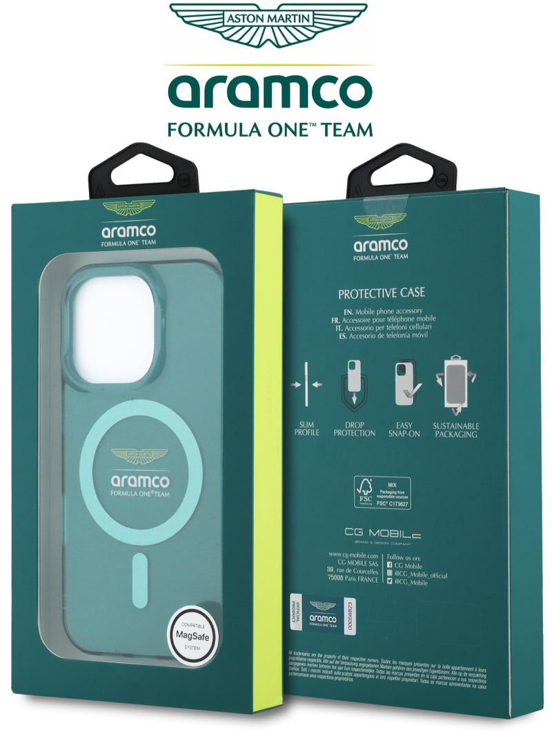 iPhone 16 Pro Max case with strong back protection for the mobile phone. iPhone 16 Pro Max mobile phone case made of strong and luxurious PC/TPU. iPhone 16 Pro cover with a luxurious French design. Original cover iphone 16 Pro Max certified by the global brand Aston Martin (Aramco). Mobile iphone cover supports wireless charging MagSafe. Green