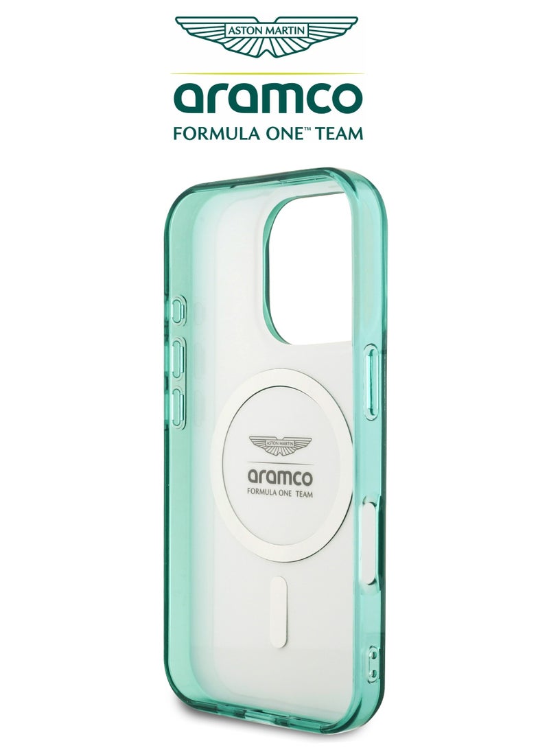 iPhone 16 Pro Max case with strong back protection for the mobile phone. iPhone 16 Pro Max mobile phone case made of strong and luxurious PC/TPU. iPhone 16 Pro cover with a luxurious French design. Original cover iphone 16 Pro Max certified by the global brand Aston Martin (Aramco). Mobile iphone cover supports wireless charging MagSafe. Green