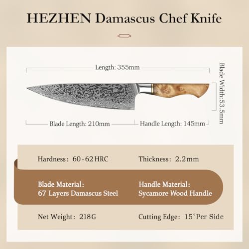 HEZHEN Chef's Knife-Professional-8.3 inch Damascus Steel, Kitchen Knife VG10 Gyuto Knife-Master Series Chef Cooking Tool at Home,Restaurant-Figured Sycamore Wood Handle - Image 4