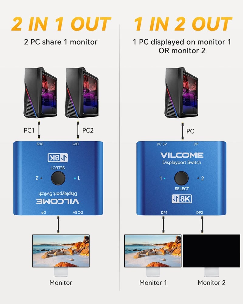 Vilcome DisplayPort Switch 8K Splitter, Plug & Play, One-Button Switching, Bidirectional Display Port Switcher Box 2 in 1 Out/ 1 in 2 Out, 8K@60Hz, 4K@120Hz, 1080P@240Hz for PC Monitor Laptop (Blue) - Image 2