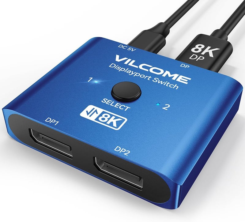Vilcome DisplayPort Switch 8K Splitter, Plug & Play, One-Button Switching, Bidirectional Display Port Switcher Box 2 in 1 Out/ 1 in 2 Out, 8K@60Hz, 4K@120Hz, 1080P@240Hz for PC Monitor Laptop (Blue) - Image 1