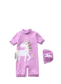 2 Piece Kids Unicorn Print Swimsuit with Cap Set Toddler Girls One-Piece Swimwear Children Swimming Clothing Beachwear Bathing Suit Bikini for Summer
