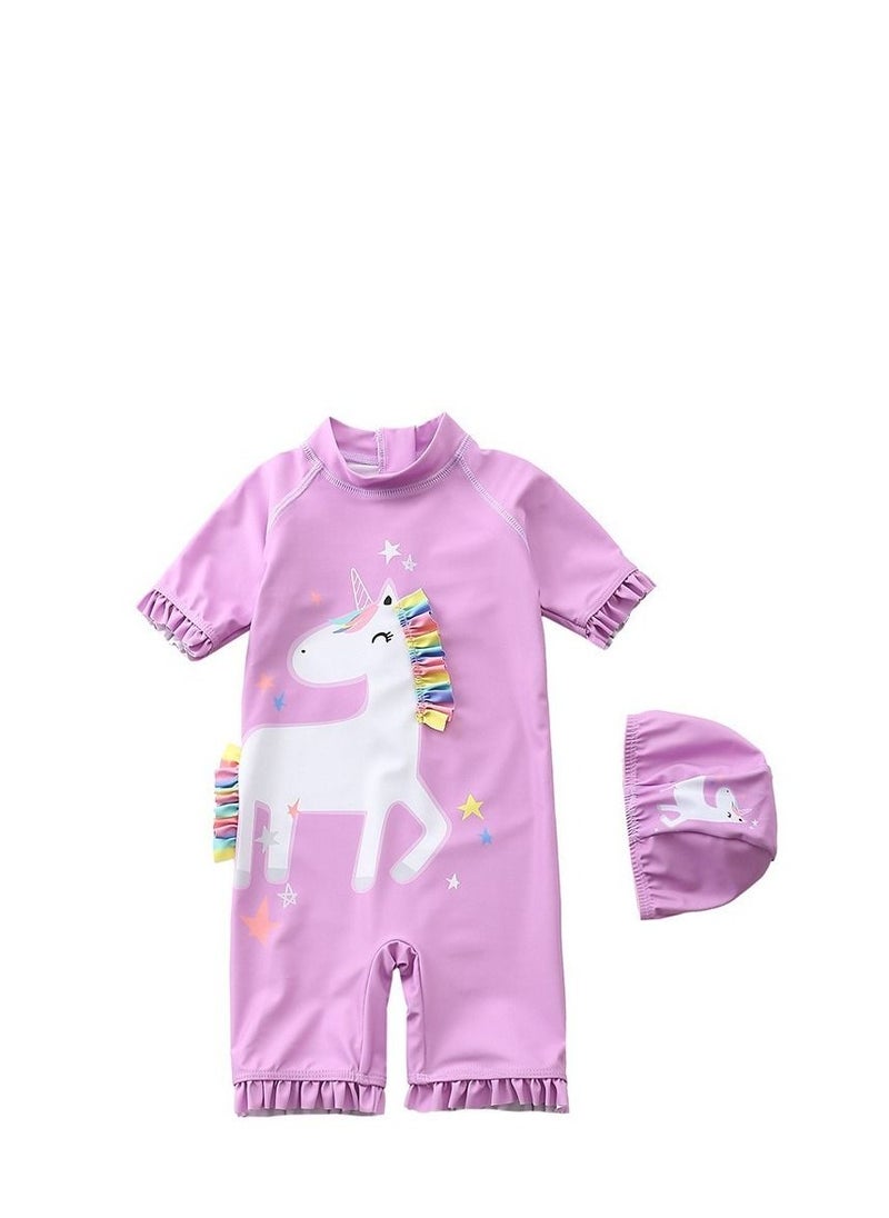Y&D - 2 Piece Kids Unicorn Print Swimsuit with Cap Set Toddler Girls One-Piece Swimwear Children Swimming Clothing Beachwear Bathing Suit Bikini for Summer - Image 1
