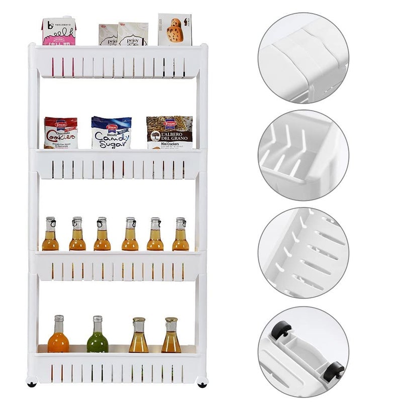 JIGVA 4 Tier Multipurpose Plastic Storage Organizer Slim Rack Shelf with Wheels Slim Slide Out Kitchen Trolley Rack Holder Storage Organizer for Kitchen Bathroom White - Image 1