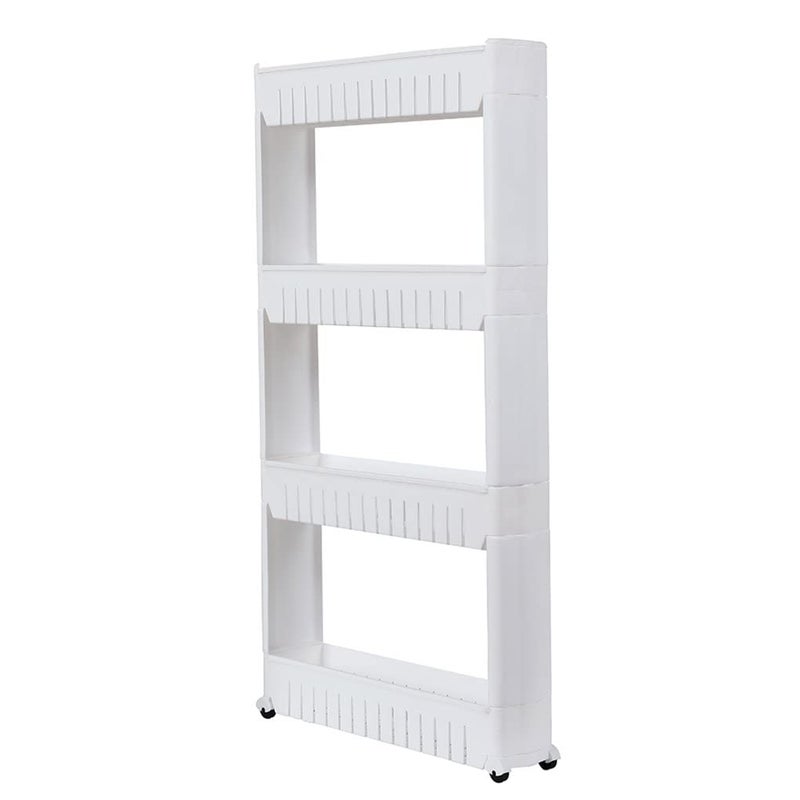JIGVA 4 Tier Multipurpose Plastic Storage Organizer Slim Rack Shelf with Wheels Slim Slide Out Kitchen Trolley Rack Holder Storage Organizer for Kitchen Bathroom White - Image 2