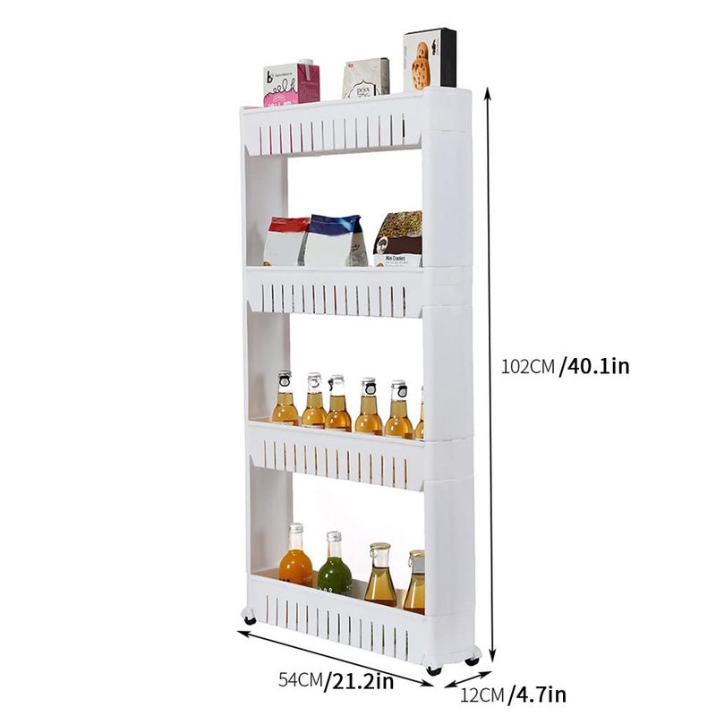 JIGVA 4 Tier Multipurpose Plastic Storage Organizer Slim Rack Shelf with Wheels Slim Slide Out Kitchen Trolley Rack Holder Storage Organizer for Kitchen Bathroom White - Image 4