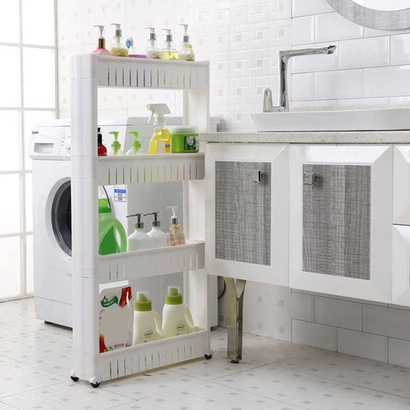 JIGVA 4 Tier Multipurpose Plastic Storage Organizer Slim Rack Shelf with Wheels Slim Slide Out Kitchen Trolley Rack Holder Storage Organizer for Kitchen Bathroom White - Image 5