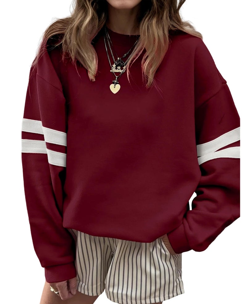 SELINK Womens Varsity Striped Oversized Sweatshirt Crewneck Long Sleeve Casual Fashion Pullover Top Fall Outfits Red Dahlia-S - Image 1