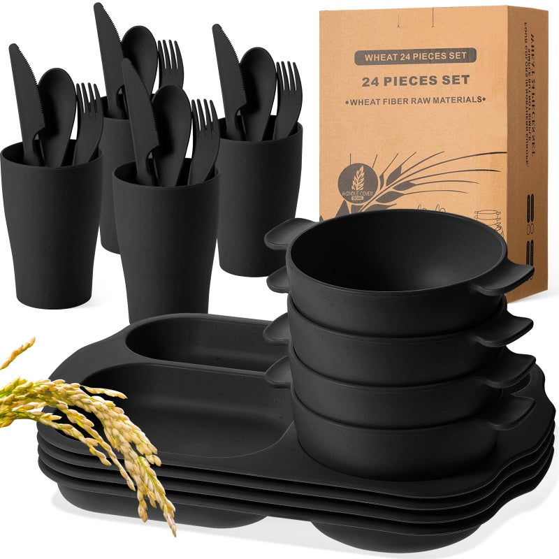 Honoson 24 Pcs Wheat Straw Dinnerware Cutlery Set Service for 4 Unbreakable Plates and Bowls Set Divided Plates Bowls Spoons Forks Knives Microwave Dishwasher SafeBlack - Image 2