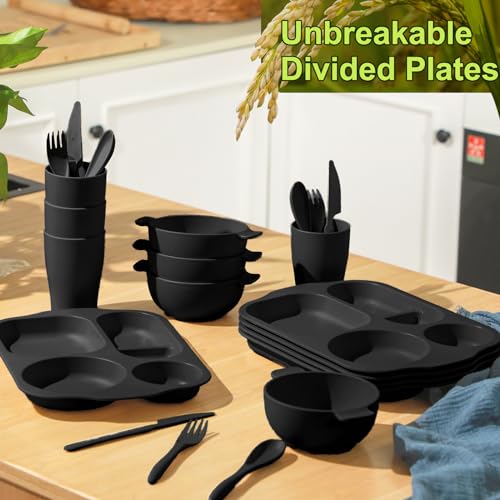 Honoson 24 Pcs Wheat Straw Dinnerware Cutlery Set Service for 4 Unbreakable Plates and Bowls Set Divided Plates Bowls Spoons Forks Knives Microwave Dishwasher SafeBlack - Image 3