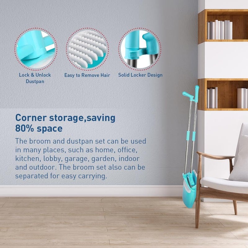 FGY Broom and Dustpan Set Stand Up Broom and Dust Pan Combo for Dog Cat Pets Home Use (Blue) - Image 2