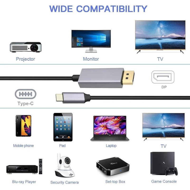 Microware كابل USB C إلى DisplayPort 1.4 بطول 6 أقدام (2K 240Hz، 4K 144Hz، 8K 60Hz)، كابل Thunderbolt 3/4 متوافق مع MacBook Pro، Mac Mini، XPS، iPad، iPhone 15 - Image 2