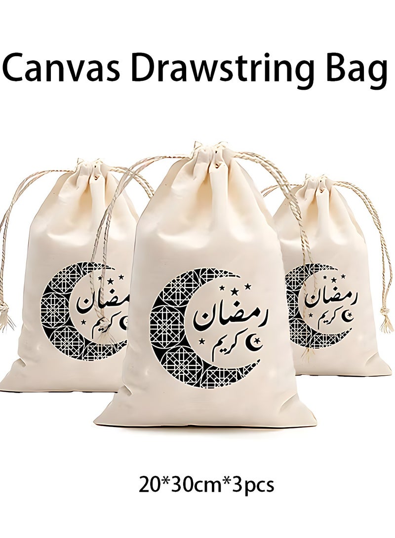 Generic 3-Pack - Eid Gift Bag Arabic Lantern Star Moon Canvas Drawstring Bags Pouch Gift Sachet Bags Muslin Bag Reusable Tea Bag 20*30cm*3pcs - Image 1