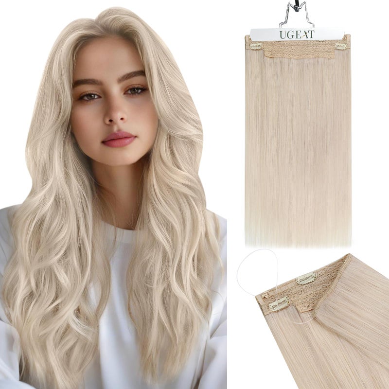 Ugeat Invisible Wire Hair Extensions Platinum Blonde Wire Hair Extensions Real Human Hair Blonde with Transparent Line 4 Clips One Piece Full Head 80g 18 Inch