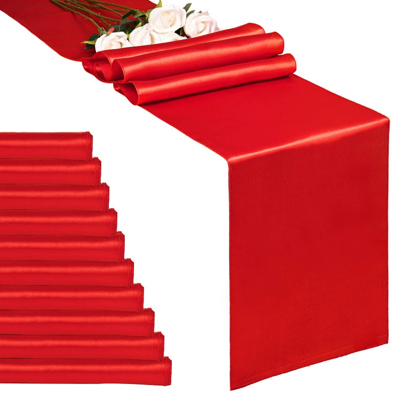 10Pack Red 12 x 108 inches Long Premium Satin Table Runner for Wedding Decorations for Birthday Parties Banquets Graduations Engagements Table Runners fit Rectange and Round Table