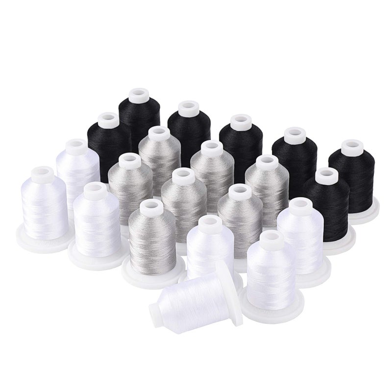 Simthread Embroidery Machine Thread Kit 800Y 21 Spools Black White and Silver Grey Colors for Professional Embroidery Design
