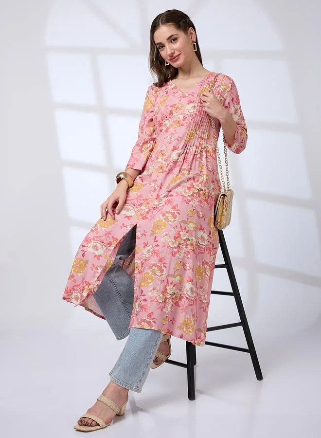 globus Globus Women Pink V-Neck Floral Print Kurta
