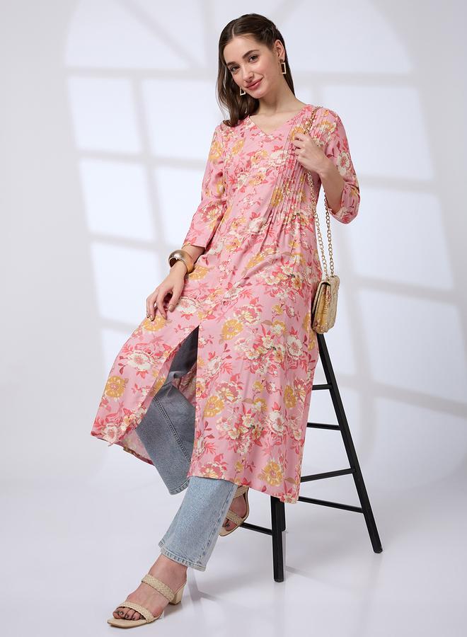 Globus Women Pink V-Neck Floral Print Kurta - Image 1