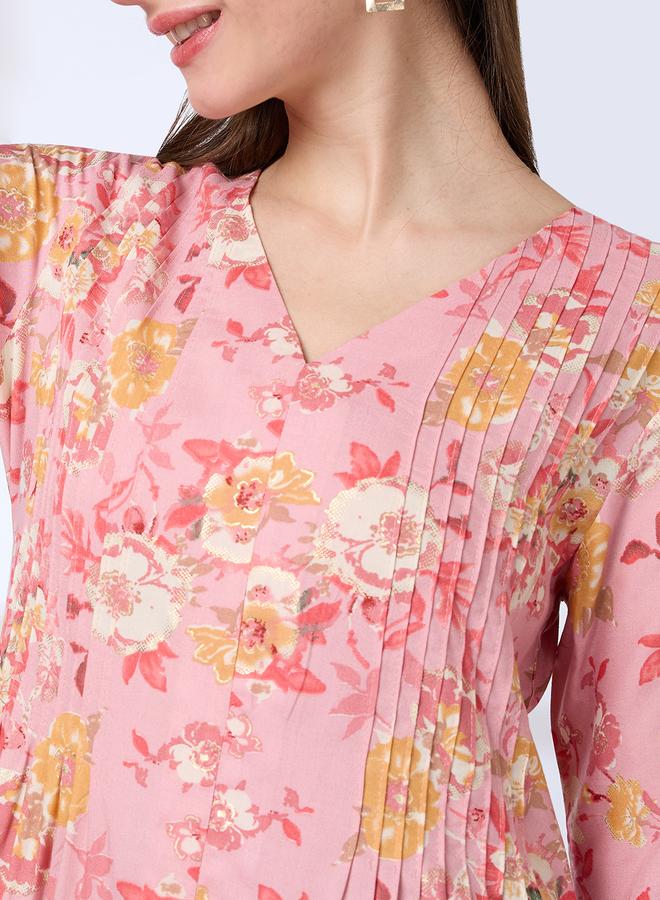 Globus Women Pink V-Neck Floral Print Kurta - Image 4