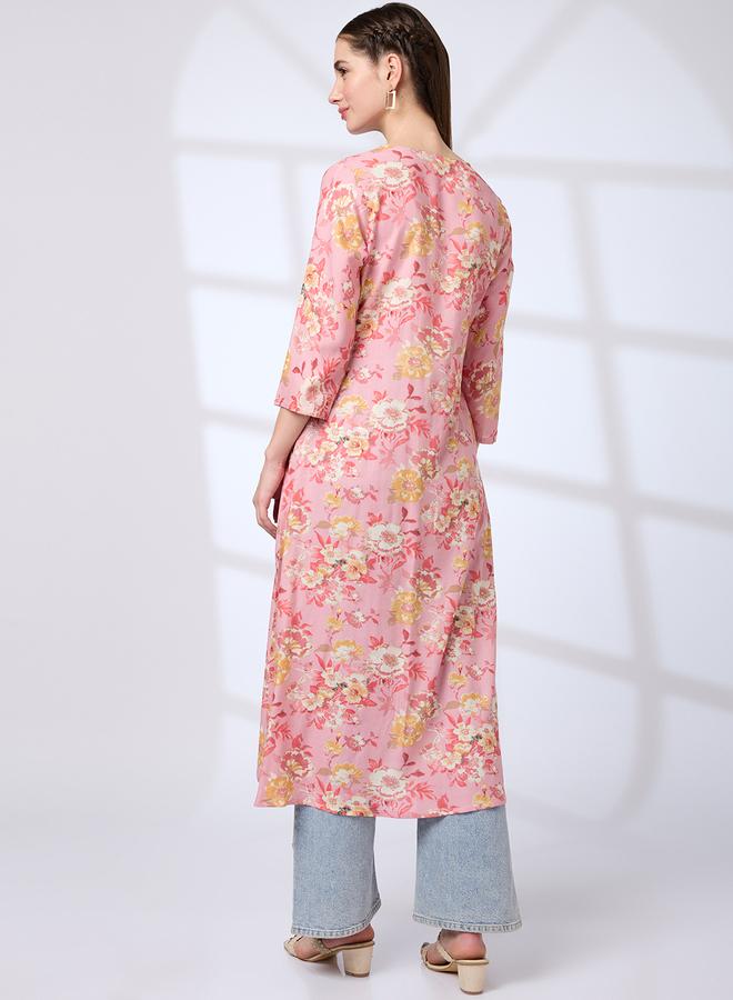 Globus Women Pink V-Neck Floral Print Kurta - Image 3